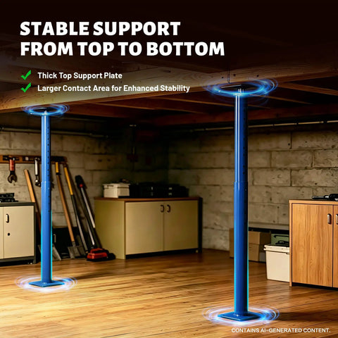 Rock Solid Adjustable Steel Jack Post Heavy Duty Structural Support 16070 Pound Capacity showing thick top support plate for stability.