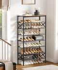 8-Tier Tall Shoe Rack Organizer for Entryway and Closet, Fits 24-32 Pairs, Heavy-Duty Metal Frame with Wood Top Shelf, Rustic Brown Finish