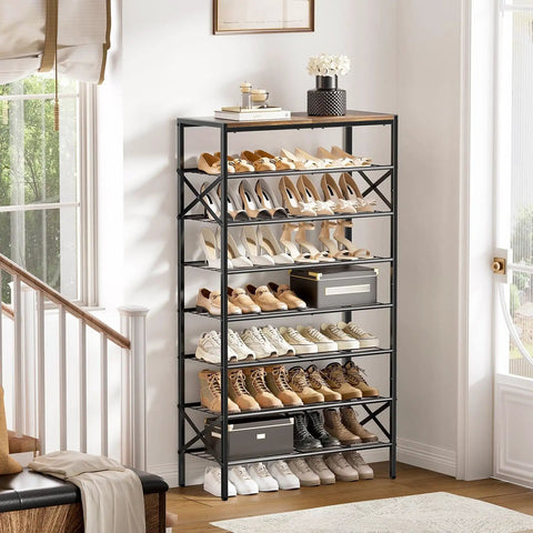 8-Tier Tall Shoe Rack Organizer for Entryway and Closet, Fits 24-32 Pairs, Heavy-Duty Metal Frame with Wood Top Shelf, Rustic Brown Finish