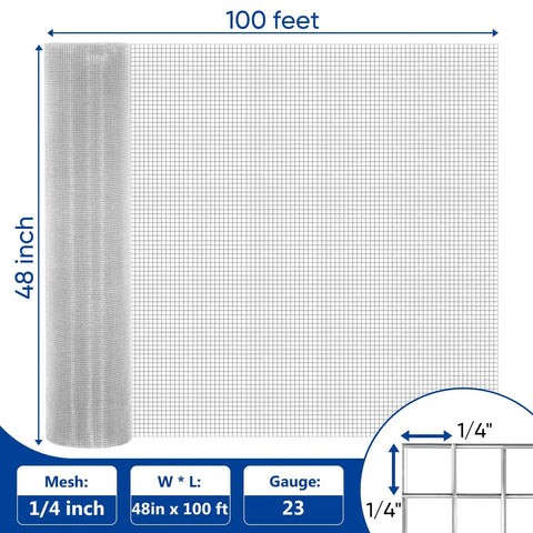 Hardware Cloth Half Inch By Forty Eight By One Hundred Feet, 19 Gauge Silver Galvanized After Welding, Rust Resistant Cage Fencing For Chickens, Rabbits, And Snakes, Tough As Nails Welded Wire Mesh, 48 x 100 ft roll