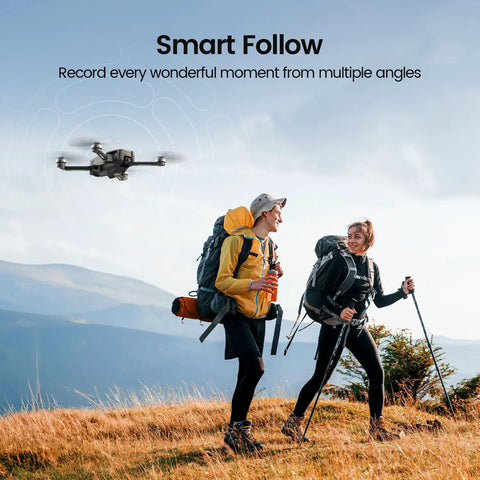 Dope 4K Camera Drone For Adults With FAA Compliant Remote ID Module flying above hikers in a mountain landscape