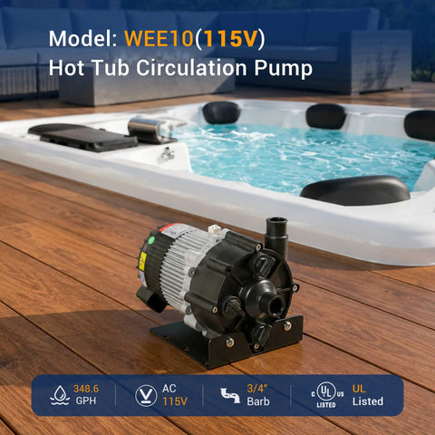 Heavy Duty 0.25 Horsepower Hot Tub Circulation Pump With 3/4 Inch Port Compatible With OEM E10 Spa Motor 230 Volt, installed near the spa.