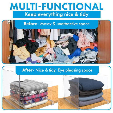 Before and after comparison of closet using Clear Acrylic Shelf Dividers For Closet Organization, No Fuss 8 Pack Shelf Dividers.