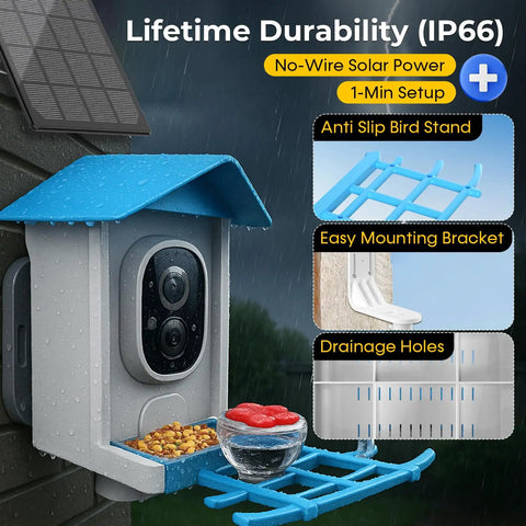 Solar Powered Bird Feeder With Camera For Backyard Watching 2K HD Live Streaming AI Species Recognition installed on house