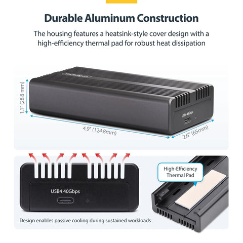 Top Notch USB4 And Thunderbolt 3 M.2 Nvme Ssd Enclosure featuring chill aluminum heatsink casing for heat dissipation.