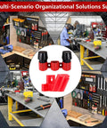 Milwaukee M12 Battery And Tool Holder Wall Mount Rack 2 In 1 storage in workshop with tools and batteries on shelves.