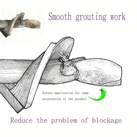 Close-up of large size auger mortar grout gun nozzle for smooth grouting, demonstrating blockage reduction feature.