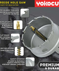YOKOCUT 3-inch carbide hole saw with pilot drill bit and ejector spring in metal housing