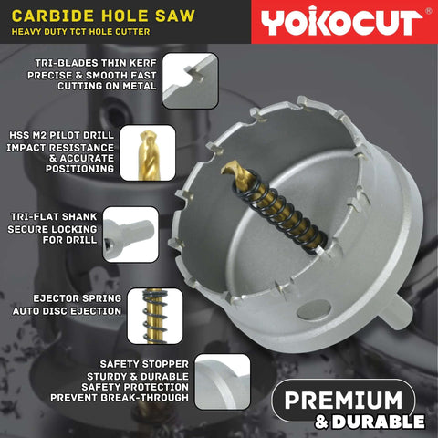 YOKOCUT 3-inch carbide hole saw with pilot drill bit and ejector spring in metal housing