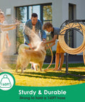 Family using Heavy Duty Garden Hose Holder With Freestanding Steel Frame Holds Up To 160 Feet Of Hoses 4 Spikes Hose Reel