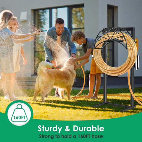 Family using Heavy Duty Garden Hose Holder With Freestanding Steel Frame Holds Up To 160 Feet Of Hoses 4 Spikes Hose Reel