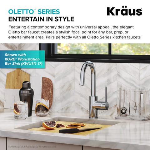 Oletto Single Handle Kitchen Bar Faucet In Chrome Finish, 12 1/4 Inch Height on modern kitchen counter with decor