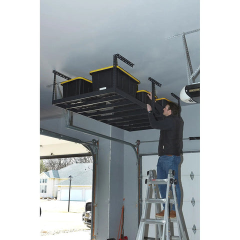 Overhead Garage Storage Rack With Oversized 8 Foot By 4 Foot Platform And Adjustable Height From 23 To 37 Inches For Heavy Duty Garage Organization And 750 Pound Weight Capacity Keeps Your Floor Clear, installed