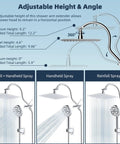 Diagram of All Metal CUPC Certified 8 Inch Rainfall Shower Head and Handheld Combo, adjustable arm and spray settings shown.