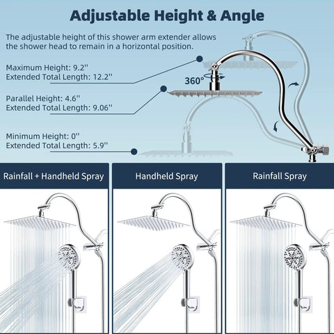 Diagram of All Metal CUPC Certified 8 Inch Rainfall Shower Head and Handheld Combo, adjustable arm and spray settings shown.