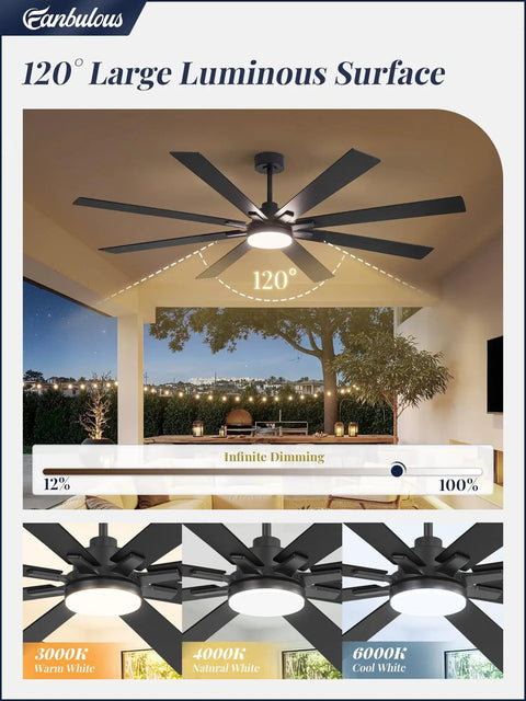 72 Inch Ceiling Fan With Lights And Remote Dual Sided Reversible Blades Quiet DC Motor Damp Rated For Indoor Or Outdoor Use