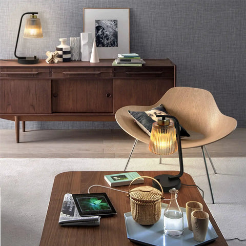 Amber Glass Bedside Lamps Set of 2 For Bedroom With USB Port, dimmable on a desk in a living room setting with decor.