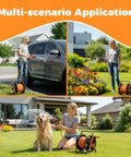 Portable Garden Hose Reel Cart For 50 To 80 Foot 5/8 Inch Hoses used for car washing, watering plants, and pet care.