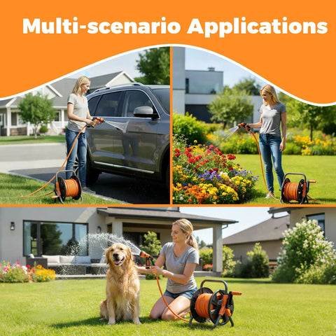 Portable Garden Hose Reel Cart For 50 To 80 Foot 5/8 Inch Hoses used for car washing, watering plants, and pet care.