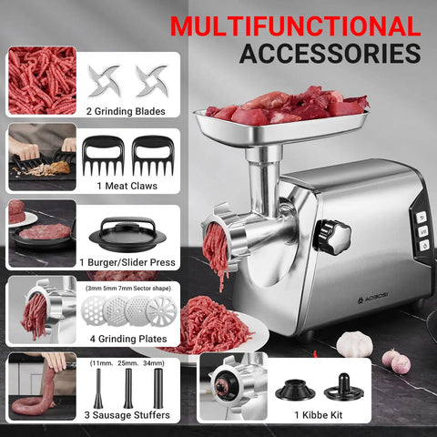 Aaobosi No 12 Meat Grinder With 3000W Max Power And Copper Motor Processing 7 Lbs Per Minute Features multifunctional accessories and dual blades.
