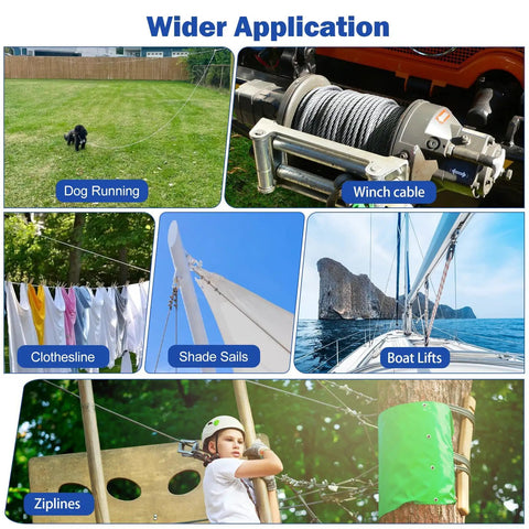 Applications of Beefy Heavy Duty 50 Foot Stainless Steel Wire Rope Kit With Quarter Inch Cable for yard, marine, and recreation