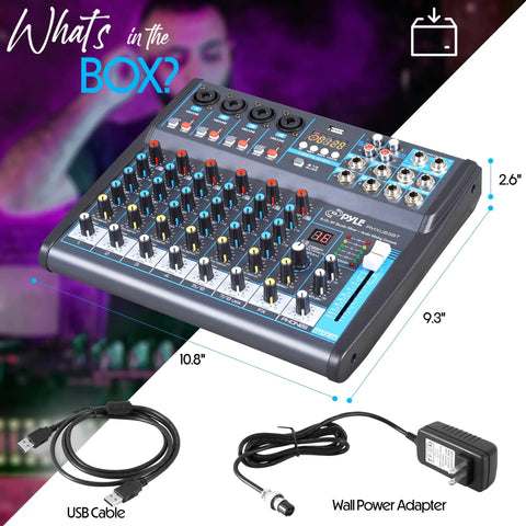 Eight Channel DJ Audio Mixer With Bluetooth Streaming USB Audio Interface DSP FX Mic And Stereo Line Inputs Wireless Song Sync From Phone Gig Ready For Home Studio Mobile Gigs And Party Setups with accessories