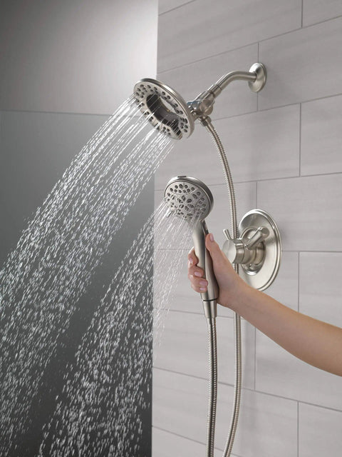 Linden 17 Series Dual Function Shower Faucet Kit With 4 Spray In2ition 2 In 1 Handheld Shower Head And Hose Stainless Finish T17293 SS I Valve Not Included displayed in modern bathroom.