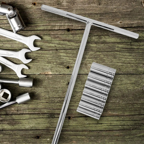 Workhorse Chrome Metric Socket Wrench Set Featuring T Handle Design And Non Slip Rubber Grip Made From Premium Vanadium Steel on wooden surface.