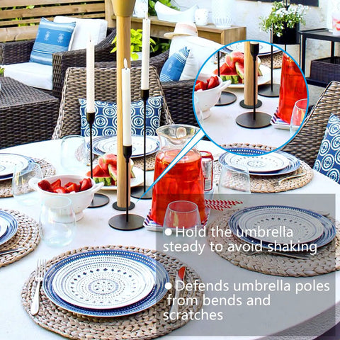 Patio Table Umbrella Hole Ring Plug Cone Wedge Holder 1 Pack Fits 1.5 Inch Umbrella Poles for Outdoor Tables Garden Yard Beach Umbrellas Picnic Setup Hole Insert Base Stand Parts and Accessories stabilizing umbrella on outdoor setup.