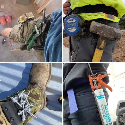 Magnetic Tool Holder Clip On Belt Holster with tools like tape measure, pliers, hammer, and screws for DIYers and pros on the go