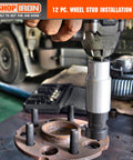 Wheel Stud Installation And Rethread Kit tool used on vehicle wheel hub in garage setting