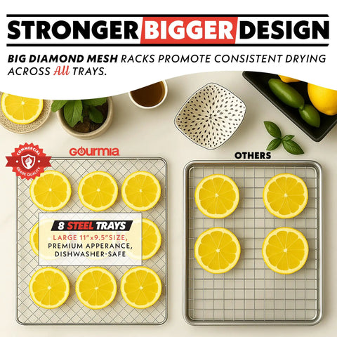 Big Time Performance Stainless Steel Digital Food Dehydrator With Eight Roomy Trays, featuring steel trays with lemon slices drying.