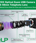 Diagram of 5-50mm 10X USB Zoom Camera with 12MP Sensor 1080P 120FPS, showing lens elements and adjustments for video calls and streaming.