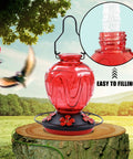 Red Glass Hummingbird Feeder For Outdoors Hanging 24 Ounce Nectar Feeder With Perch Five Flower Ports Leak Proof Base And Hook Garden Backyard Decor Gifts For Women Mom
