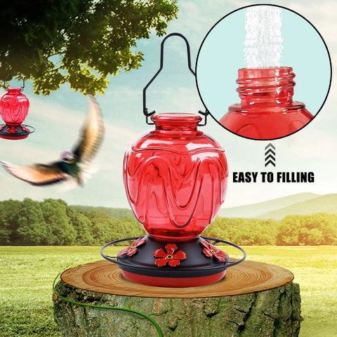 Red Glass Hummingbird Feeder For Outdoors Hanging 24 Ounce Nectar Feeder With Perch Five Flower Ports Leak Proof Base And Hook Garden Backyard Decor Gifts For Women Mom
