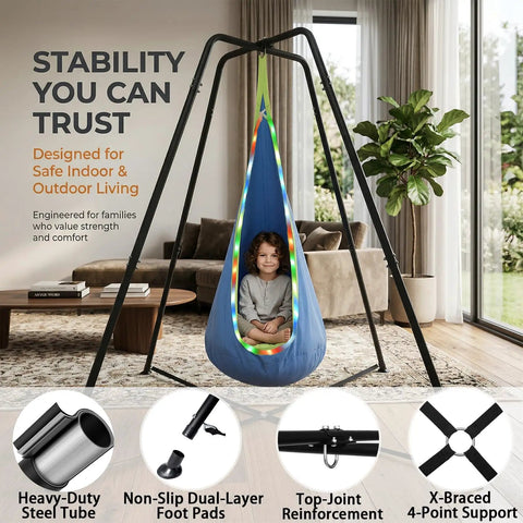 Heavy Duty Swing Frame for Indoor and Outdoor Use with 350 lbs capacity A-frame featuring dual bolt locking system, shown with swing indoors.