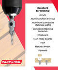 Carbide Tipped Countersink Drill Bit With 82 Degree Countersink, Three Eighths Inch Diameter, shown drilling into wood.