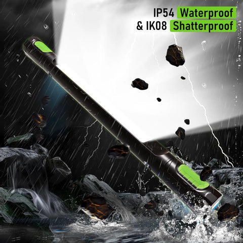 Rechargeable Magnetic 3200LM LED Work Light with COB panel, 5400mAh battery, shown waterproof and shatterproof in a storm.