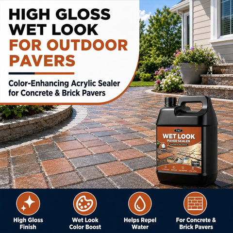 Heavy Duty High Gloss Wet Look Paver Sealer For Concrete And Brick Walkways One Gallon displayed on a paver pathway.