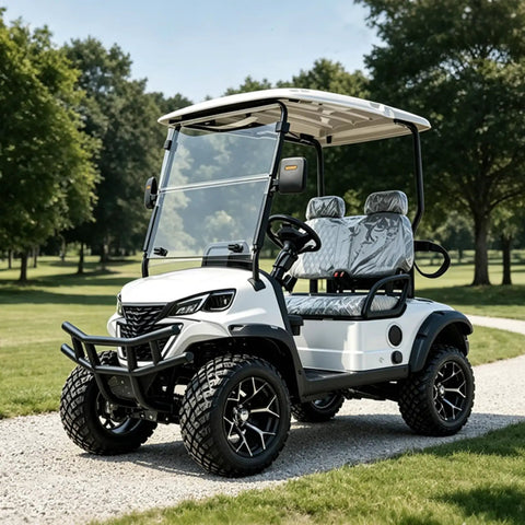 Top Shelf Two Seater Electric Golf Cart With 5kW Motor And 60V Battery Serving 20 Mph Cruising Speed Over 44 Mile Range in white on a path.