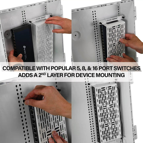 Image showing Five Inch Universal Mounting Plate With 1.5 Inch Elevation For Routers Modems And Network Hubs Inside Structured Wiring Panels White.