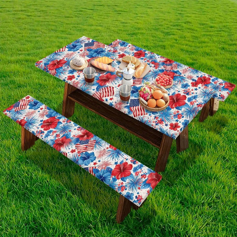 Floral Picnic Table And Bench Cover Set Windproof Dustproof And Washable Rectangle Tablecloths for picnics in grass background.