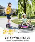Two In One Off Road Self Balancing Scooter With Adjustable Seat Attachment For Kids And Adults, 6.5 Inch All Terrain Tires, Dual 250 Watt Motors, LED Lights And Bluetooth, Pink Go Kart Style, shown with kids using scooter and go-kart modes outdoors