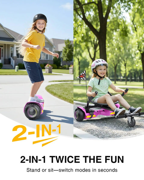 Two In One Off Road Self Balancing Scooter With Adjustable Seat Attachment For Kids And Adults, 6.5 Inch All Terrain Tires, Dual 250 Watt Motors, LED Lights And Bluetooth, Pink Go Kart Style, shown with kids using scooter and go-kart modes outdoors