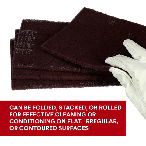 Maroon Very Fine General Purpose Hand Pad 6x9 Inch Aluminum Oxide Abrasive shown with gloved hand, pack of 60