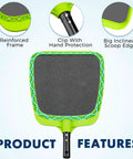 Heavy Duty Pool Skimmer Net With Reinforced Frame And Nylon Flat Leaf Rake For Spas Ponds And Swimming Pools Pro Grade Cleaning Tool Pole Not Included featuring reinforced frame, hand protection clip, and scoop edge