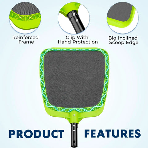 Heavy Duty Pool Skimmer Net With Reinforced Frame And Nylon Flat Leaf Rake For Spas Ponds And Swimming Pools Pro Grade Cleaning Tool Pole Not Included featuring reinforced frame, hand protection clip, and scoop edge