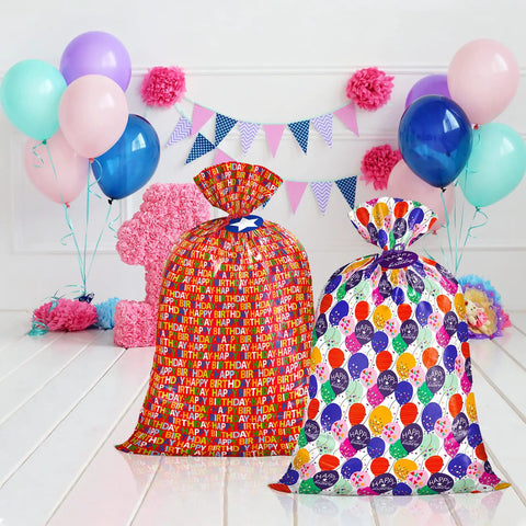 Massive 56 Inch Birthday Gift Bag With Colorful Balloons And Confetti Design Heavy Duty Waterproof Plastic For Kids Parties