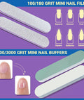 Close-up of mini nail files and buffers from All In One Pro Nail Polish Remover Kit With 2 Soak Off Bowls For Gel And Dip Removal Cuticle Oil Pusher Peeler Cleaning Brush 4 Nail Files Buff Blocks And Nail Care Tools For Hands showing grit details.