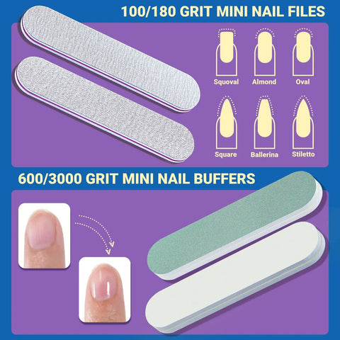Close-up of mini nail files and buffers from All In One Pro Nail Polish Remover Kit With 2 Soak Off Bowls For Gel And Dip Removal Cuticle Oil Pusher Peeler Cleaning Brush 4 Nail Files Buff Blocks And Nail Care Tools For Hands showing grit details.